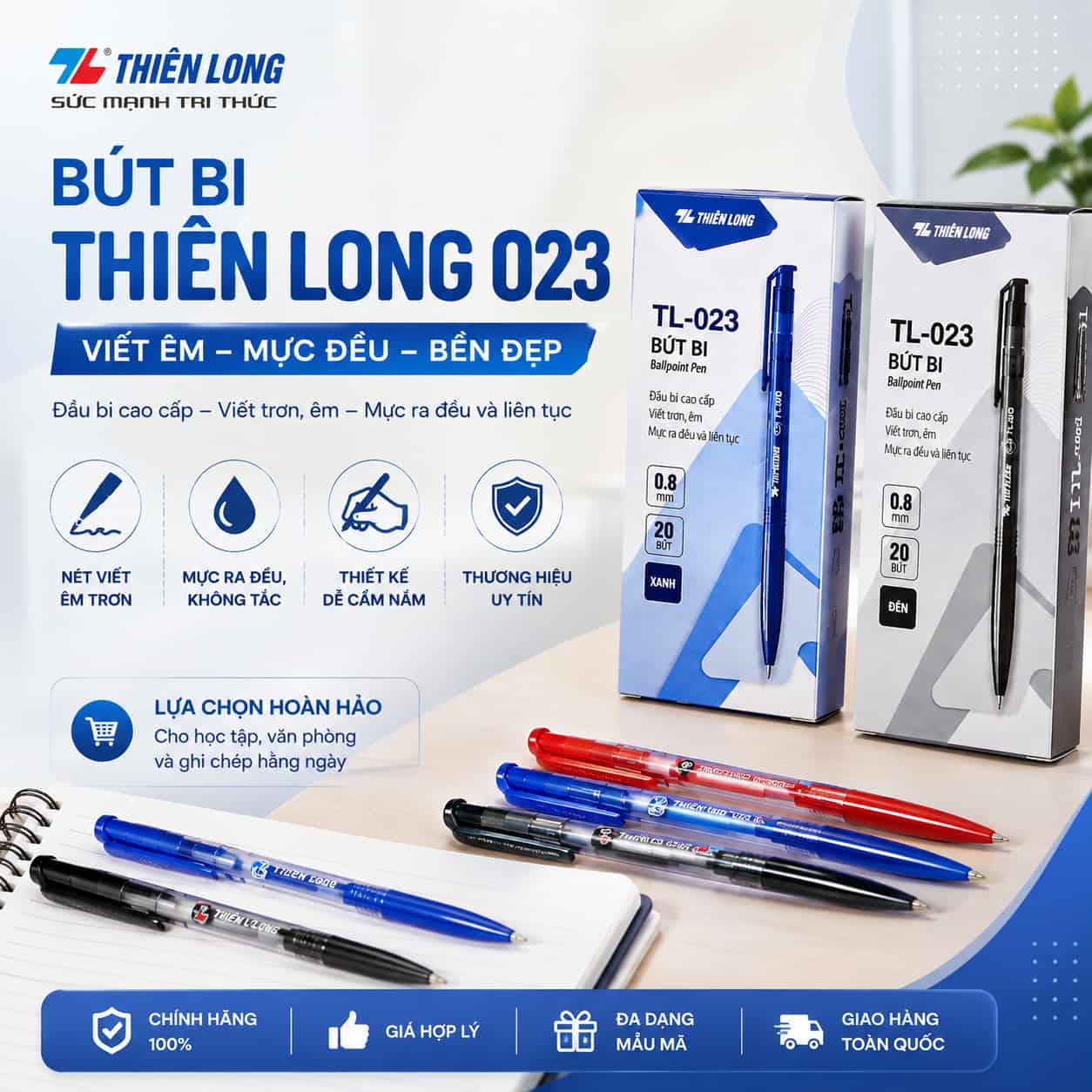 Cây viết bi TL 023 xanh đỏ đen giá tốt